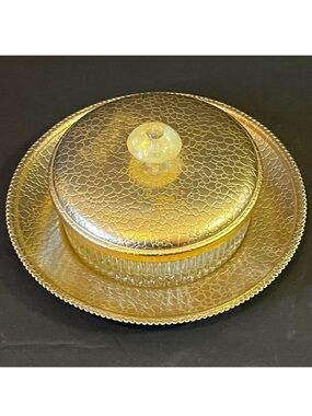 Art Deco Vanity Powder Trinket Jar Gold Textured Lid Tray Ribbed Vintage Handle